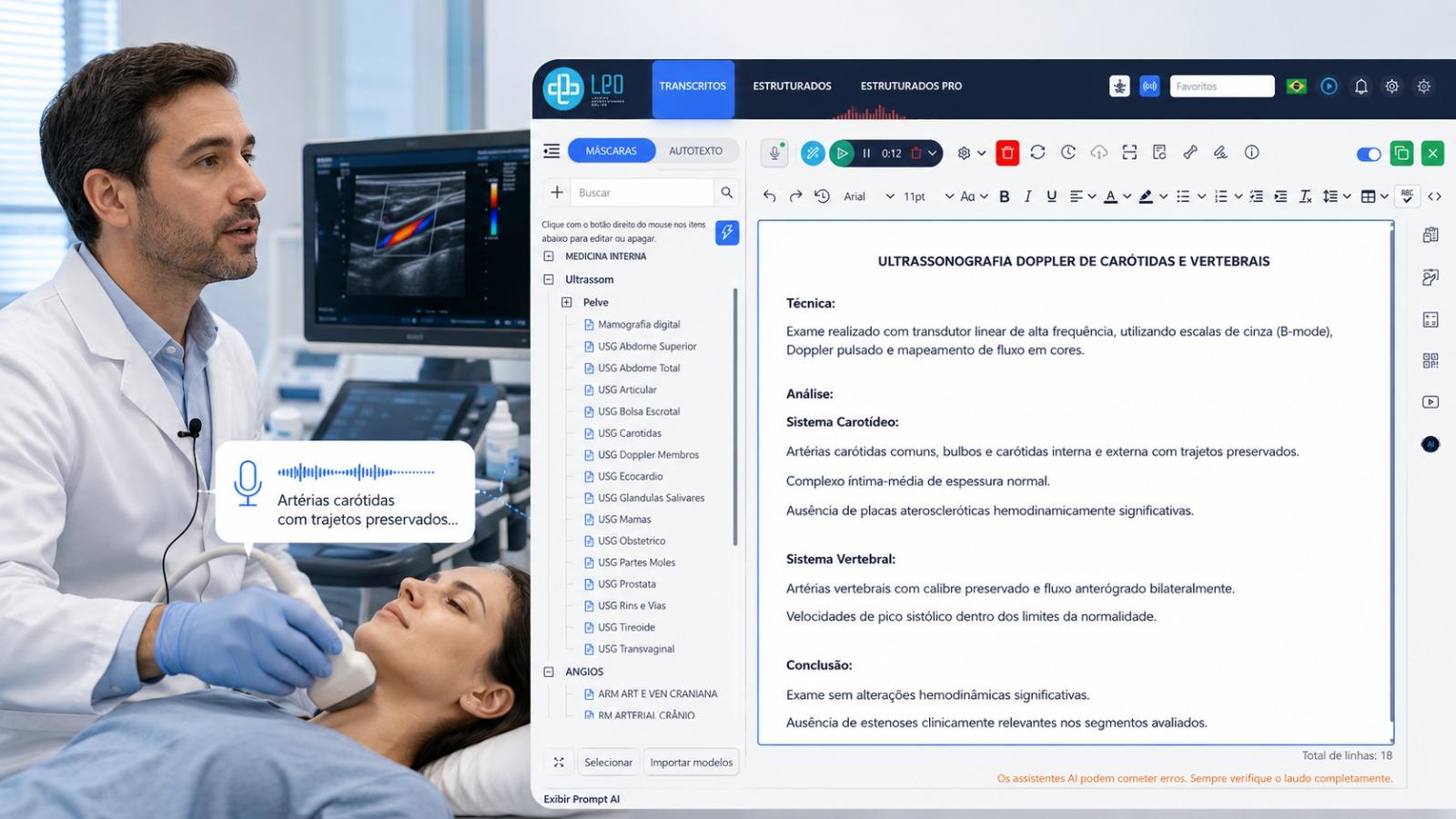 Médico realizando exame de ultrassonografia com a plataforma LeoRad